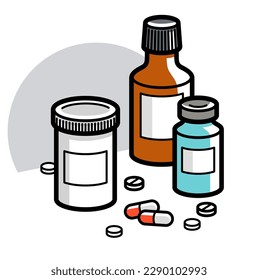 Medicine pharmacy theme medical bottles 3d vector illustration isolated, medicaments and drugs, health care meds cartoon, vitamins or antibiotics, simple linear design.