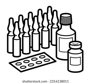 Medicina farmacia temática píldoras de botellas médicas y ampulas 3d ilustración vectorial aislada, medicamentos y medicamentos, dibujos animados de medicamentos para la atención de la salud, vitaminas o antibióticos, diseño lineal simple.