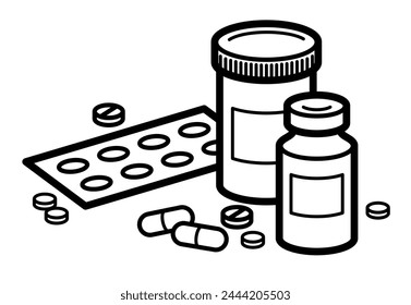 Medicine pharmacy theme medical bottles 3d vector illustration isolated, medicaments and drugs, health care meds cartoon, vitamins or antibiotics, simple linear design.