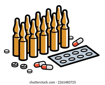 Medicina farmacia temática píldoras médicas y ampulas 3d ilustración vectorial aislada, medicamentos y medicamentos, dibujos animados de medicamentos para la atención de la salud, vitaminas o antibióticos, diseño lineal simple.