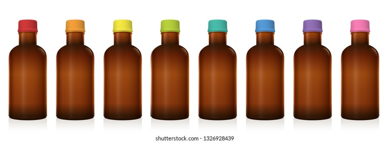 Medicine phials. Set of different pharmaceutical bottles with colored plastic screw caps. Unlabeled vials for pills, tablets, capsules, globuli. Brown glass. Isolated vector on white.
