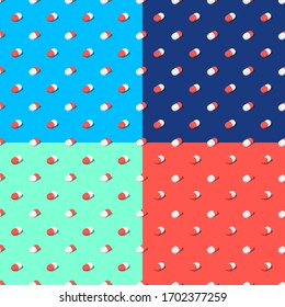 Colección de patrones isométricos 3D de píldora medicinales con fondo azul, rojo y verde. Diseño moderno y sin fisuras para carteles de atención médica, imprenta, textil, textura.