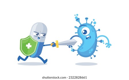 Medicine Pill Battles Virus, Powerful Remedy In A Compact Form Holding Shield and Sword Fighting Against Viral Infection