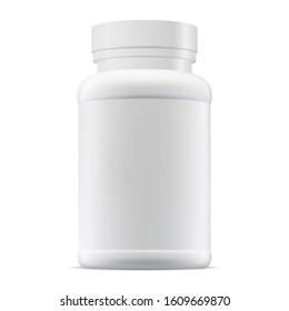 Medicine pill bottle mockup. Plastic supplement package blank. Prescription remedy packaging illustration. Medical tablet or capsule container isolated on white background. Pharmaceutical pack