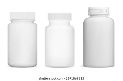 Medicine pill bottle mockup. Vitamin jar white blank. Pharmaceutical supplement capsule template. Prescription cure pills plastic container, realistic medical sample. Vector illustration