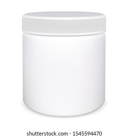 Medicine Pill Bottle. Plastic Vitamin Jar. Package Mockup Blank For Capsule. Supplement Container 3d Design Template. Supplement Packaging Rof Remedy. Sport Nutrition Protein Canister