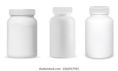 Medicine pill bottle. Supplement bottle vector mockup. White drug container design. Capsule cure jar template, pharmaceutical medication packaging illustration. Medicament tablet product