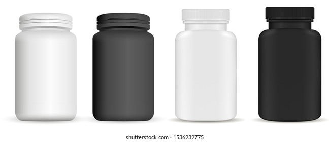 Medicine pill bottle. Vitamin package mockup. Plastic supplement jar 3d vector blank. Pharmaceutical product container isolated on backaground. Pharmacy remedy pack. Realistic vertical drug set