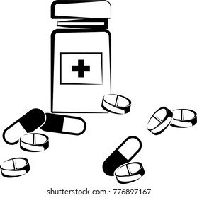 Medicine Pill Capsule And Bottle Icon Vector Art Illustration