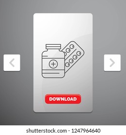 medicine, Pill, capsule, drugs, tablet Line Icon in Carousal Pagination Slider Design & Red Download Button