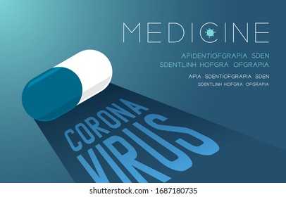 Medicine pill capsule with shadow and Coronavirus text, Pandemic coronavirus concept poster or social banner design illustration isolated on blue gradients background with copy space, vector eps10