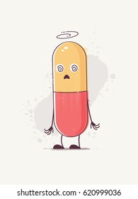 Medicine pill cartoon character feeling dizzy, having drug side effects vector illustration