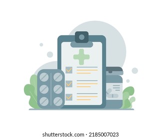 Medicine pill for disease treatment and prescription form. Drugstore concept. Cartoon minimal style.