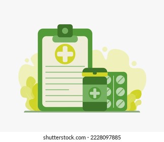 Medicine pill for disease treatment and prescription form. Drugstore concept. Perfect vector graphics