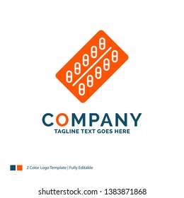 medicine, Pill, drugs, tablet, packet Logo Design. Blue and Orange Brand Name Design. Place for Tagline. Business Logo template.