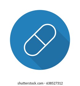 Medicine pill flat linear long shadow icon. Pharmacy. Vector outline symbol