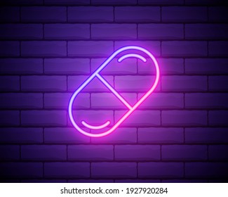 medicine pill icon. Elements of web in neon style icons. Simple icon for websites, web design, mobile app, info graphics isolated on brick wall.