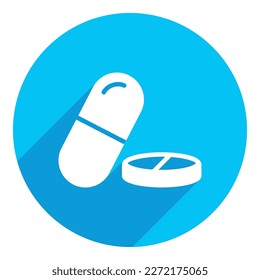 píldora de medicina. diseño de sombra larga. fondo azul.