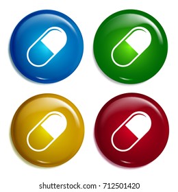 Medicine pill multi color gradient glossy badge icon set. Realistic shiny badge icon or logo mockup
