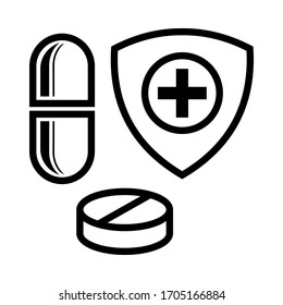 Medicine pill, tablet icon with doctor symbol inside the shield logo illustration for drugstore, app, ui, web.