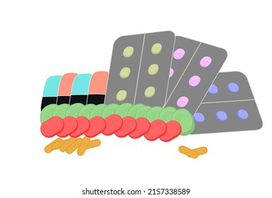 Medicine, pill and tablet vector illustration on white background. Cutout, cut out or clipping path elements.