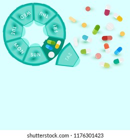 Medicine Pills Border Background with Pills and capsules in pill box. Medical Concept, Illustration of Pharmacy Bag with Pill Container or Pill organizer. Vector Illustration.