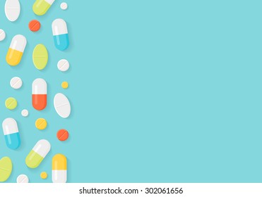 Medicine Pills Border Background. Colorful Tablets and Capsules. Vector Flat Design EPS 10