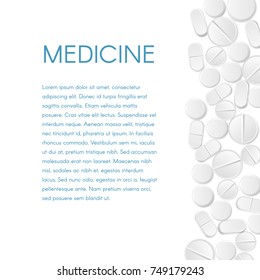 Medicine Pills Border Background. The scattered white round tablets from the right and text banner. Vector Design EPS 10