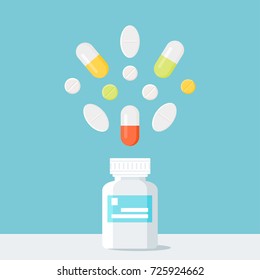 Medicine Pills Bottle with Pills over It. Pharmacy and Treatment Concept Vector Illustration