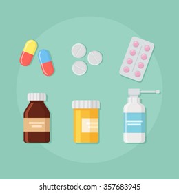 Medicine pills and bottles vector set  isolated on background. Pills and tablets in a flat style. Medical icons set. 