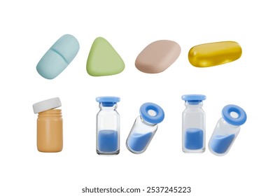 Medicine pills, capsule, glass bottle, plastic container 3D vector icons set. Drug tablets different shapes and colors. First aid medicine volume items. Medication treatment, pharmaceutical product