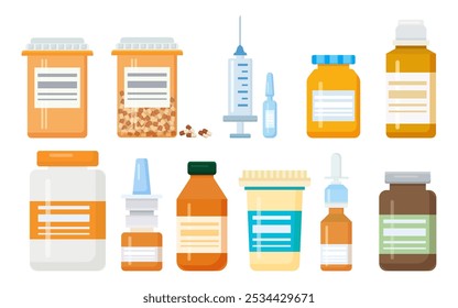 Las píldoras de medicina cápsulas frascos vitaminas y tabletas. Ilustración vectorial en estilo plano.