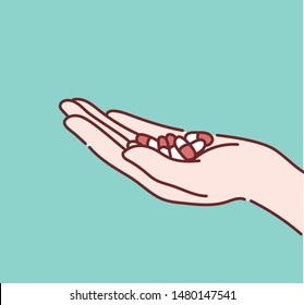 Medicine pills or capsules in hand, Medicine in palm. Hand drawn style vector design illustrations.