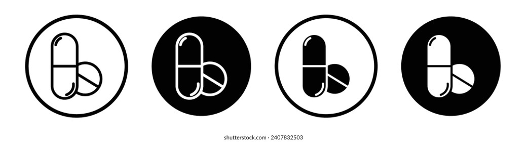 Medicine of pills and capsules icon set. vitamin tablet vector symbol. medical painkiller drug pill line icon in black filled and outlined style.