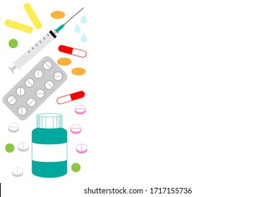 Medicine pills and capsules isolated on white background with copy space, blister and bottle. Vector stock illustration. 