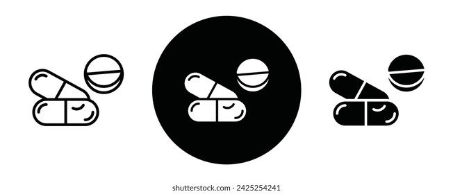 Medicine of pills and capsules outline icon collection or set. pills and capsules Thin vector line art