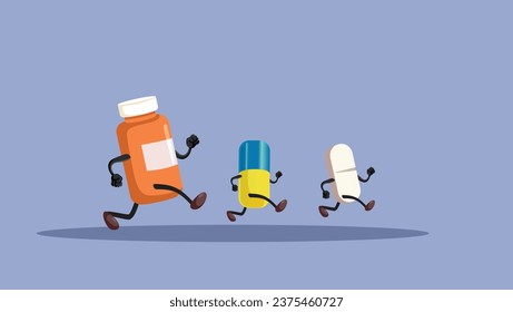 
Medicine Pills and Capsules Running with Energy Vector Cartoon. Funny mascot medicine being active and in good health 
