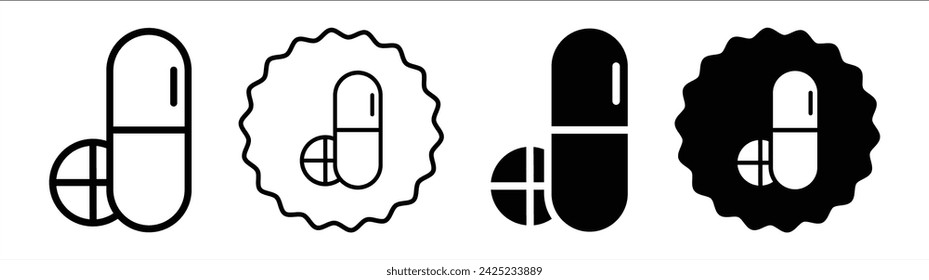 Medizin von Pillen und Kapseln in schwarz-weißer Farbe gesetzt. Pillen und Kapseln einfache flache Ikone Vektor