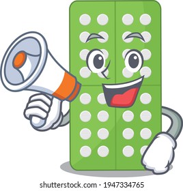 Medicine pills carton picture style giving announcement on a megaphone. Vector illustration