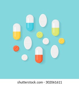 Medicine Pills. Colorful Tablets and Capsules. Vector Flat Design EPS 10.