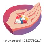 Medicine pills, drugs, vitamins pile in hand. Medical capsules, tablets on person palm for health care. Prescription medicine treatment, pharmacy, medication addiction, abuse flat vector illustration