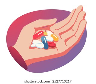 Medicine pills, drugs, vitamins pile in hand. Medical capsules, tablets on person palm for health care. Prescription medicine treatment, pharmacy, medication addiction, abuse flat vector illustration