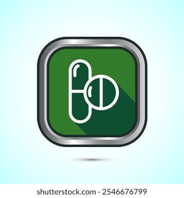 Medicine pills icon design illustration, Medical drugs icon sign. Green Shadow Button Design 