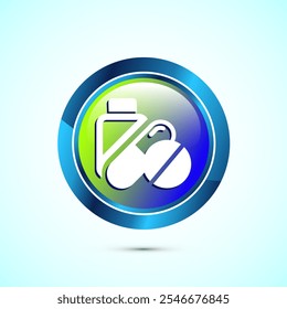 Ilustração de design de ícone de pílulas médicas, sinal de ícone de drogas médicas. Design de botão redondo brilhante