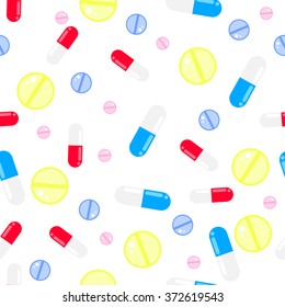 Medicine pills seamless vector pattern. Pills, drugs and vitamins white background.