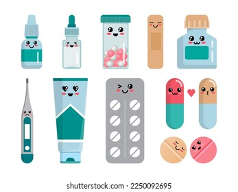 Montaje de píldoras de medicina, antibióticos y personajes graciosos de los medicamentos. Mascota de la farmacia, comprimidos médicos, vitaminas en cápsulas, aspirina en recipientes y blisters. Ilustración de corriente plana de dibujos animados