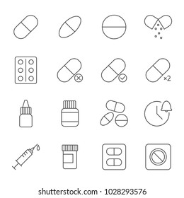 Medicine, pills set of vector icons outline style