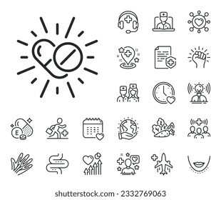 Medicine pills sign. Online doctor, patient and medicine outline icons. Medical drugs line icon. Pharmacy medication symbol. Medical drugs line sign. Veins, nerves and cosmetic procedure icon. Vector