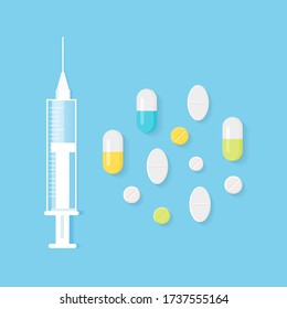 Medicine Pills and Syringe Vector Illustration. Pharmacy, Treatment and Cure Concept