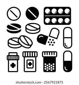 Medicine pills, tablets, capsules. Set of medicines of different forms. Pharmaceutical, medicinal preparations. Vector illustration